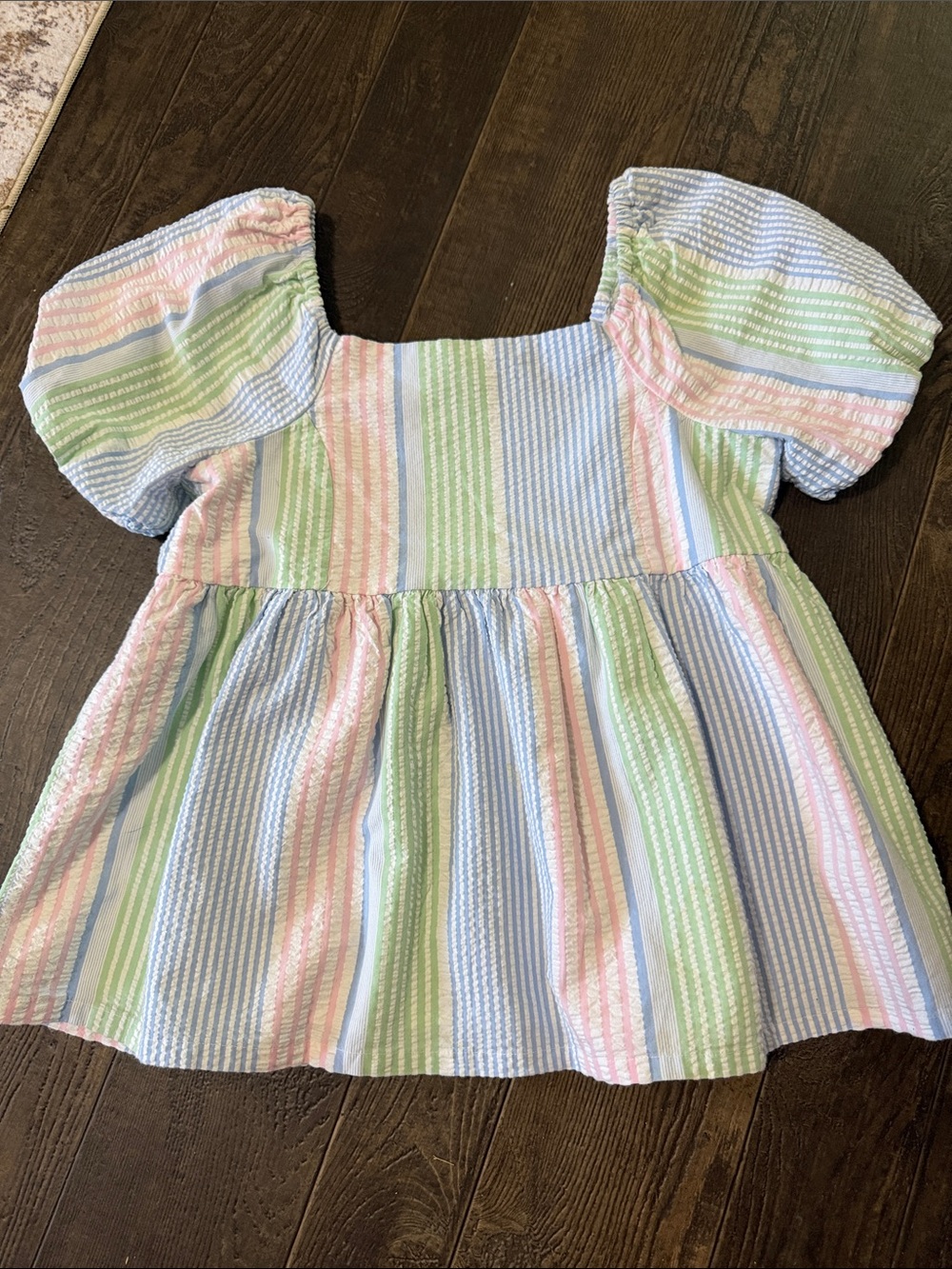 crown & ivy Pastel Stripe Puff-Sleeve Blouse in Pink, Blue, Green, White